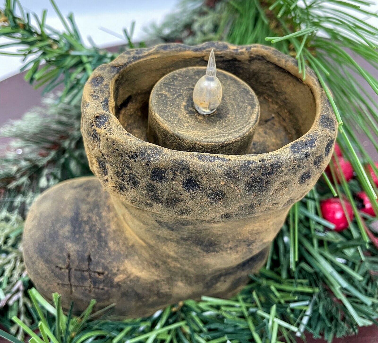 Primitive Christmas Blackened Beeswax Santa Boot Flicker Light - The Primitive Pineapple Collection