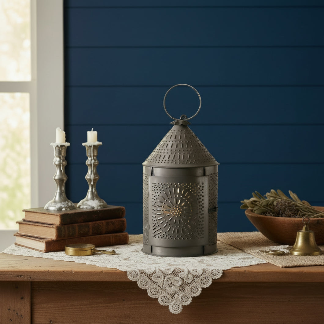 Primitive Colonial Electric Black 15 "Fireside Lantern Punched Tin - The Primitive Pineapple Collection