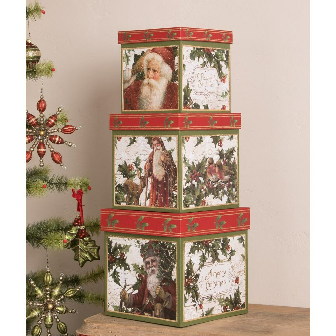 Bethany Lowe Christmas 3pc Holly Stacking Boxes Santa - The Primitive Pineapple Collection