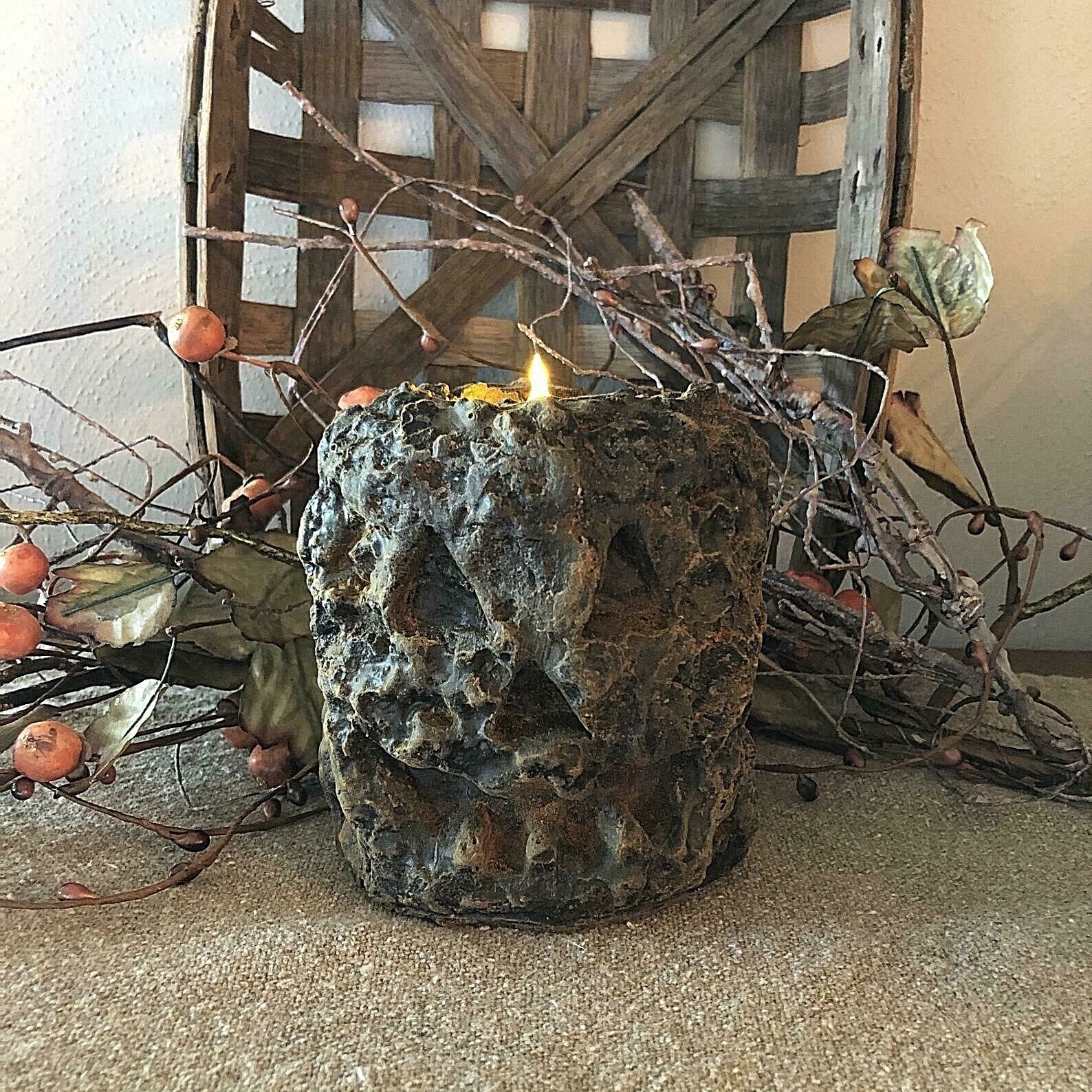 Primitive Blackened Beeswax Grubby Jack-o-lantern Pillar Flicker Light Candle - The Primitive Pineapple Collection