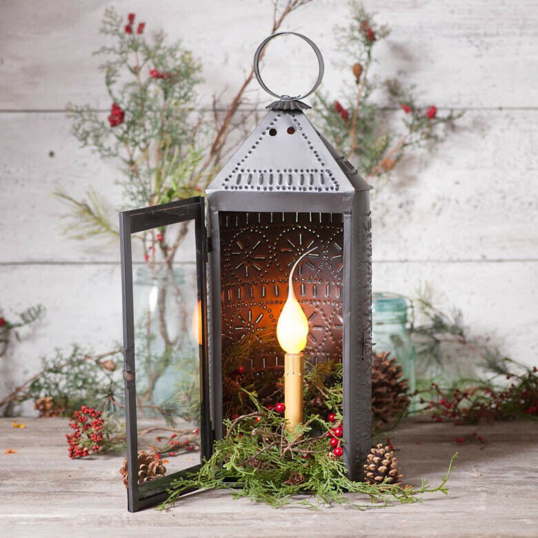 Primitive/Country Farmhouse Punched Tin Tall Harbor Lantern - The Primitive Pineapple Collection