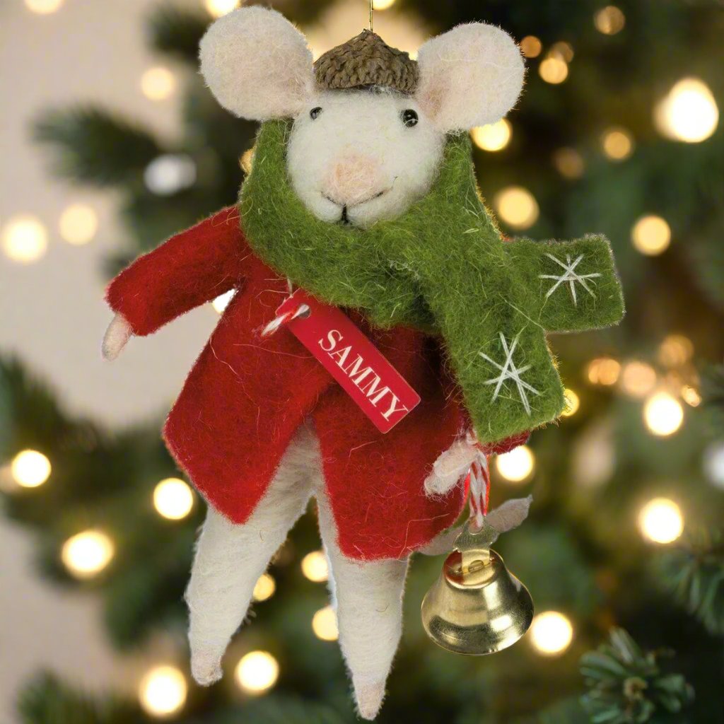 Primitive Felt Mouse SAMMY with Bell, Christmas ornament - The Primitive Pineapple Collection