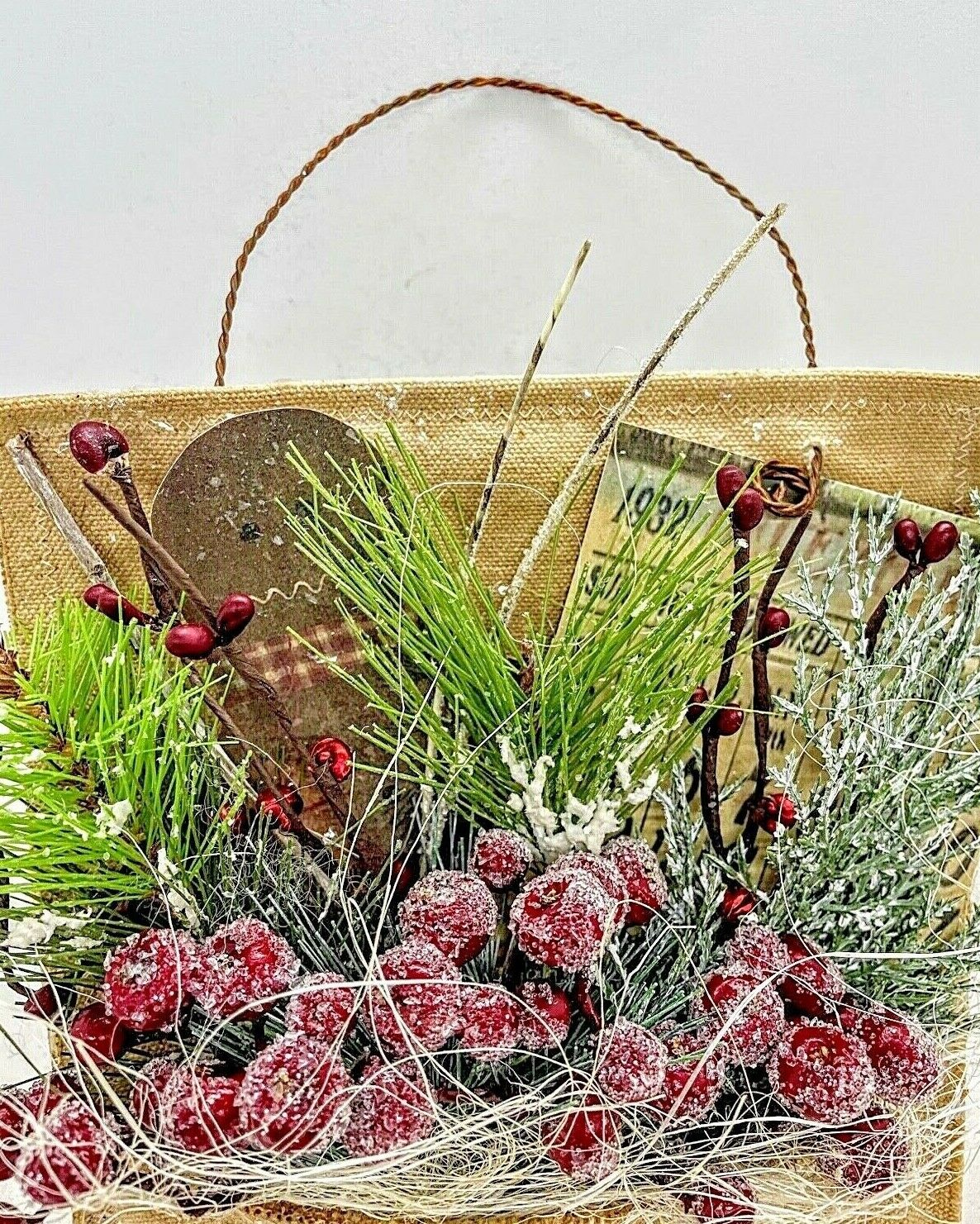 Primitive Christmas Handmade Hanging Gingerbread Man Pocket Greens Berries 8”x7" - The Primitive Pineapple Collection