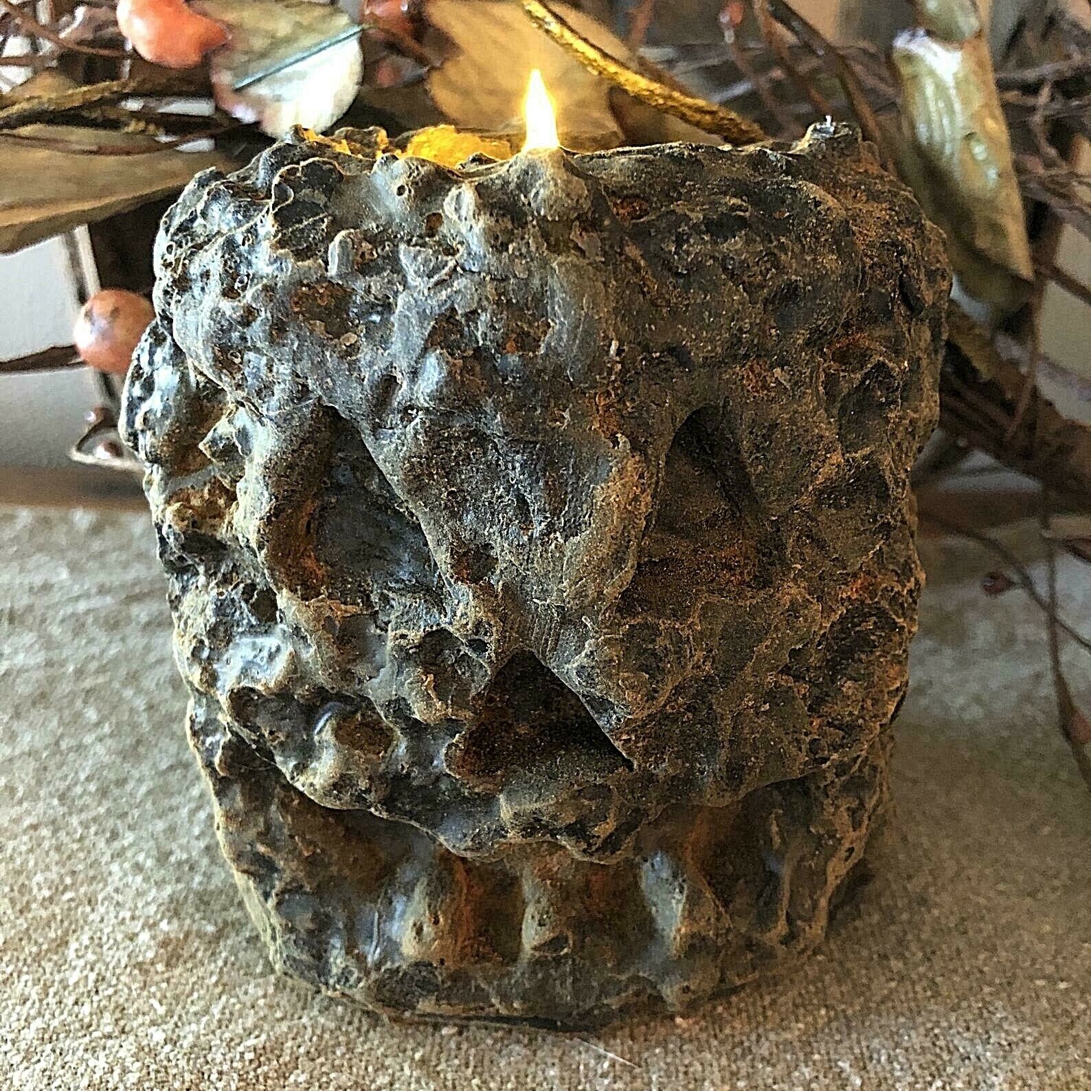 Primitive Blackened Beeswax Grubby Jack-o-lantern Pillar Flicker Light Candle - The Primitive Pineapple Collection