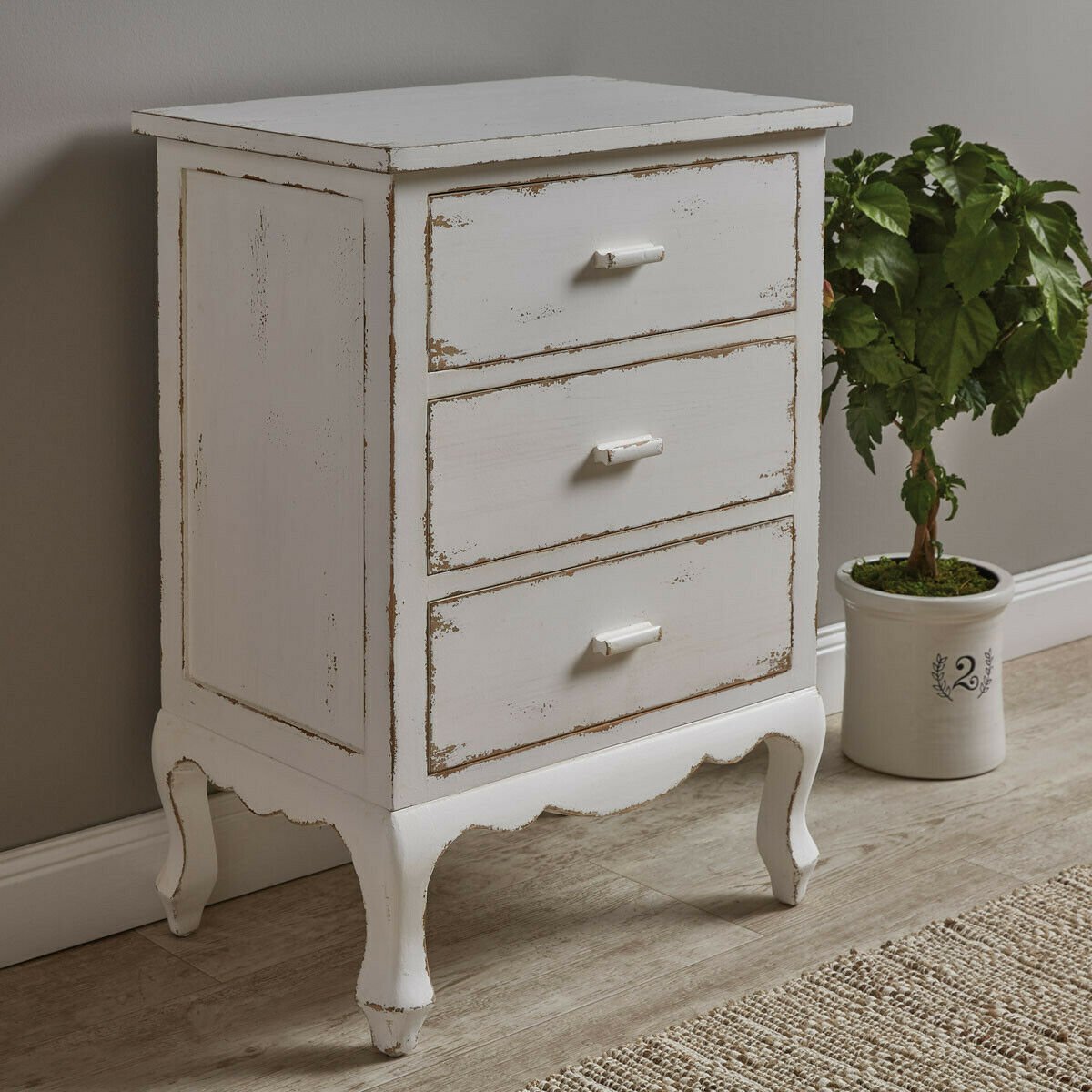 Primitive Distressed White 3 Drawer Cupboard Nightstand Farmhouse - The Primitive Pineapple Collection