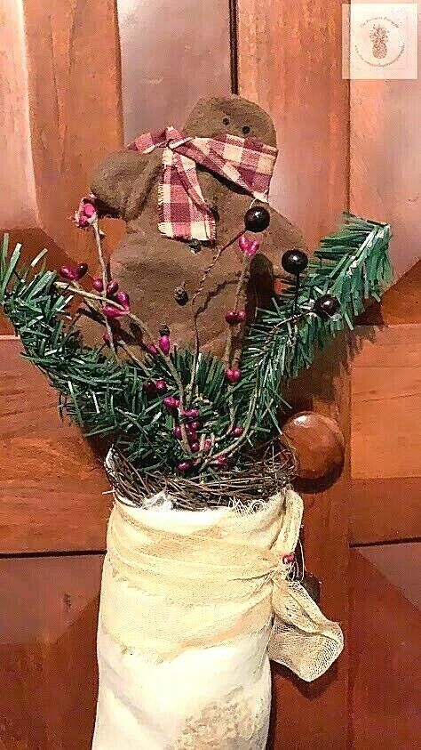Primitive Stocking w/ Gingerbread Boy Greens/Berries Ornie Christmas/Holiday - The Primitive Pineapple Collection