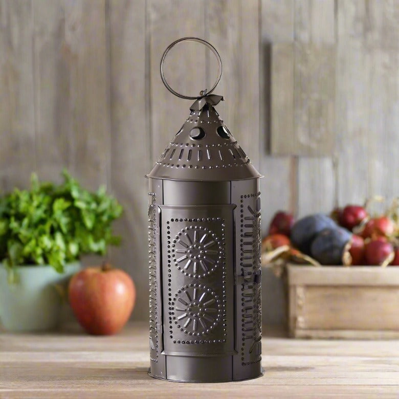 Primitive/Colonial Sturbridge 17 inch Candle Lantern Black Punched Tin - The Primitive Pineapple Collection