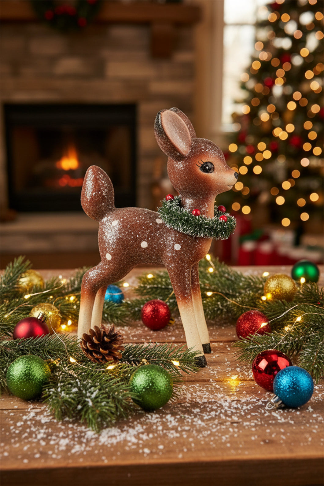 Primitive Retro Look Christmas Reindeer w/ Bottle Brush Wreath 9.25" - The Primitive Pineapple Collection