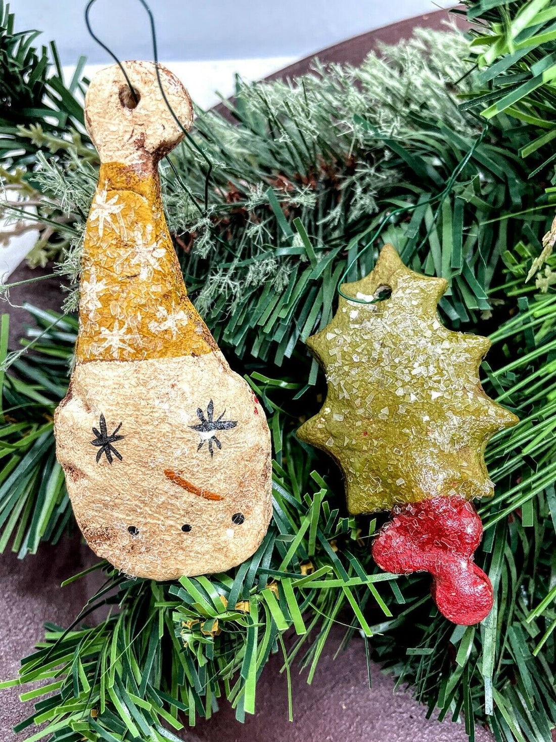 Primitive Christmas Snowman and Holly leaf 2pc Orne set Handmade - The Primitive Pineapple Collection