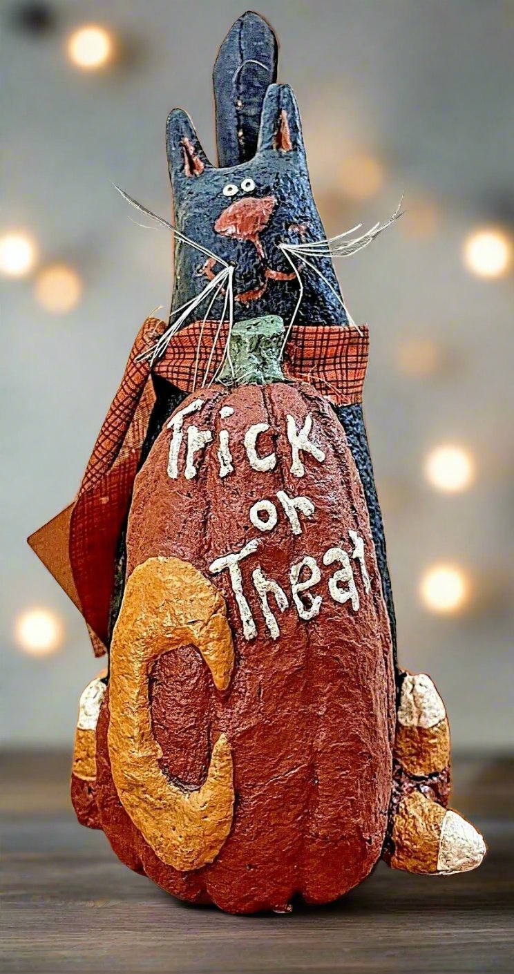 Primitive Halloween/Fall Trick or Treat Black Cat w/ Pumpkin Retro 7.25" - The Primitive Pineapple Collection