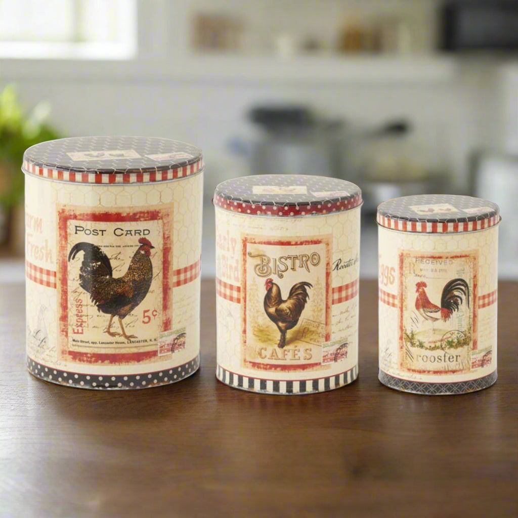 Primitive/Farmhouse 3 pc Cream and Black Round Rooster Tins - The Primitive Pineapple Collection