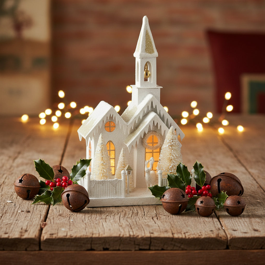 Bethany Lowe 16" Christmas Peaceful Church Bottle w/ Brush Tree LC9581 - The Primitive Pineapple Collection