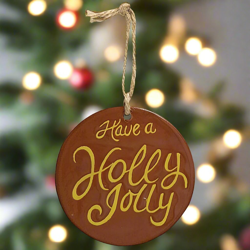 Primitive/Farmhouse Ceramic Stamped Holly Jolly Christmas Ornament with Jute - The Primitive Pineapple Collection