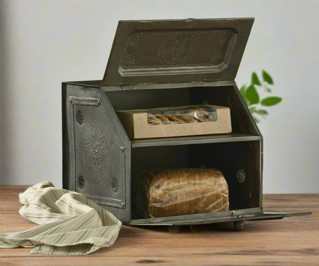 Primitive Farmhouse Black Speckled Star Metal Bread Box Vintage Style - The Primitive Pineapple Collection