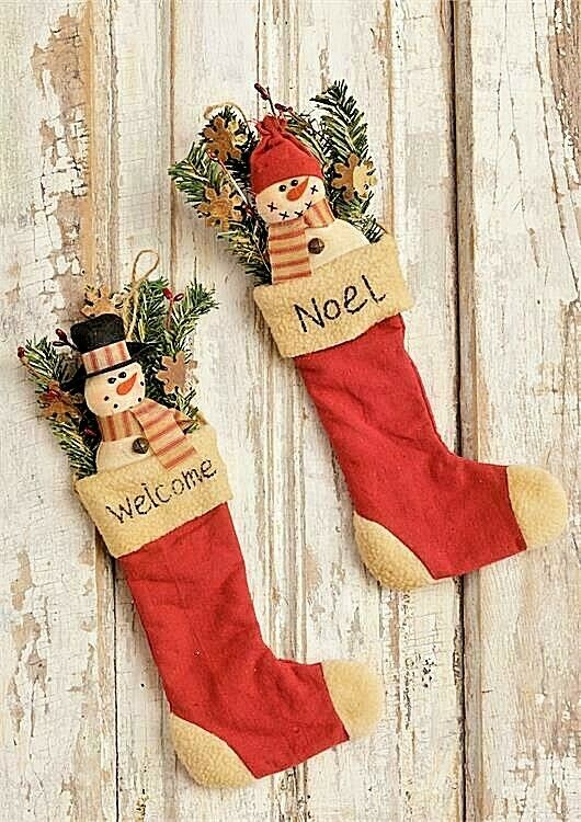 Primitive Rustic Christmas WELCOME NOEL SNOWMAN STOCKING 2 STYLES - The Primitive Pineapple Collection