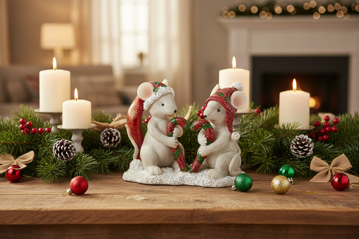 Christmas Mice 3.7 x 3” Resin Figurine with Candy Cane Heart - The Primitive Pineapple Collection