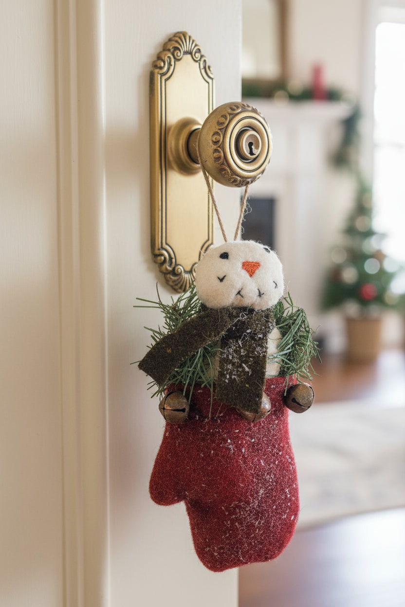 Primitive Christmas Snowman Hanging Mitten Rusty Bells Grungy Handmade USA - The Primitive Pineapple Collection