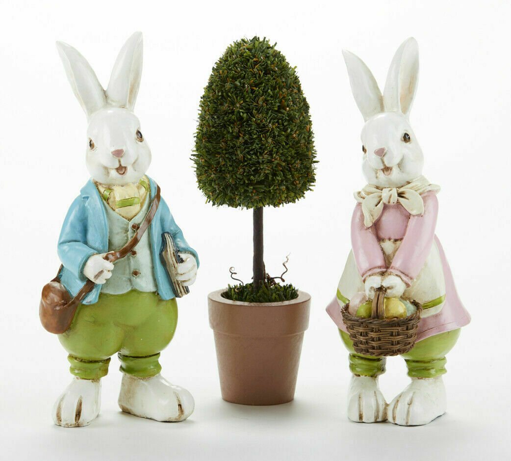 Country/Cottage Spring/Easter Resin Victorian Bunny 2 pc 7.7" - The Primitive Pineapple Collection