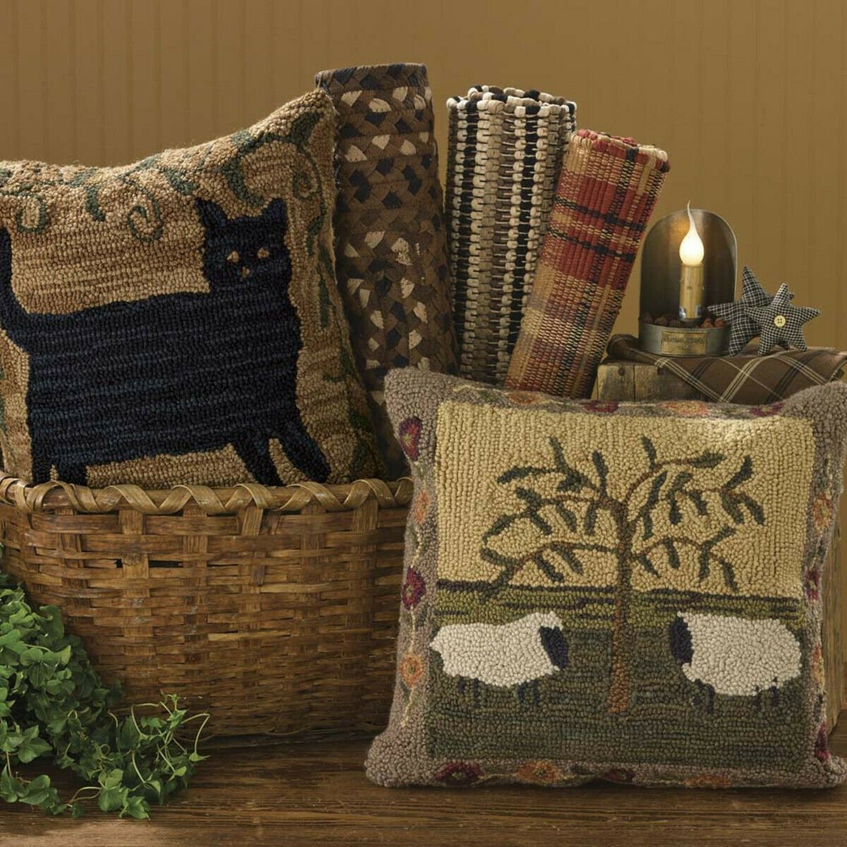 Primitive/Country Folk art Hooked 18" Pillow Willow & Sheep w/insert - The Primitive Pineapple Collection