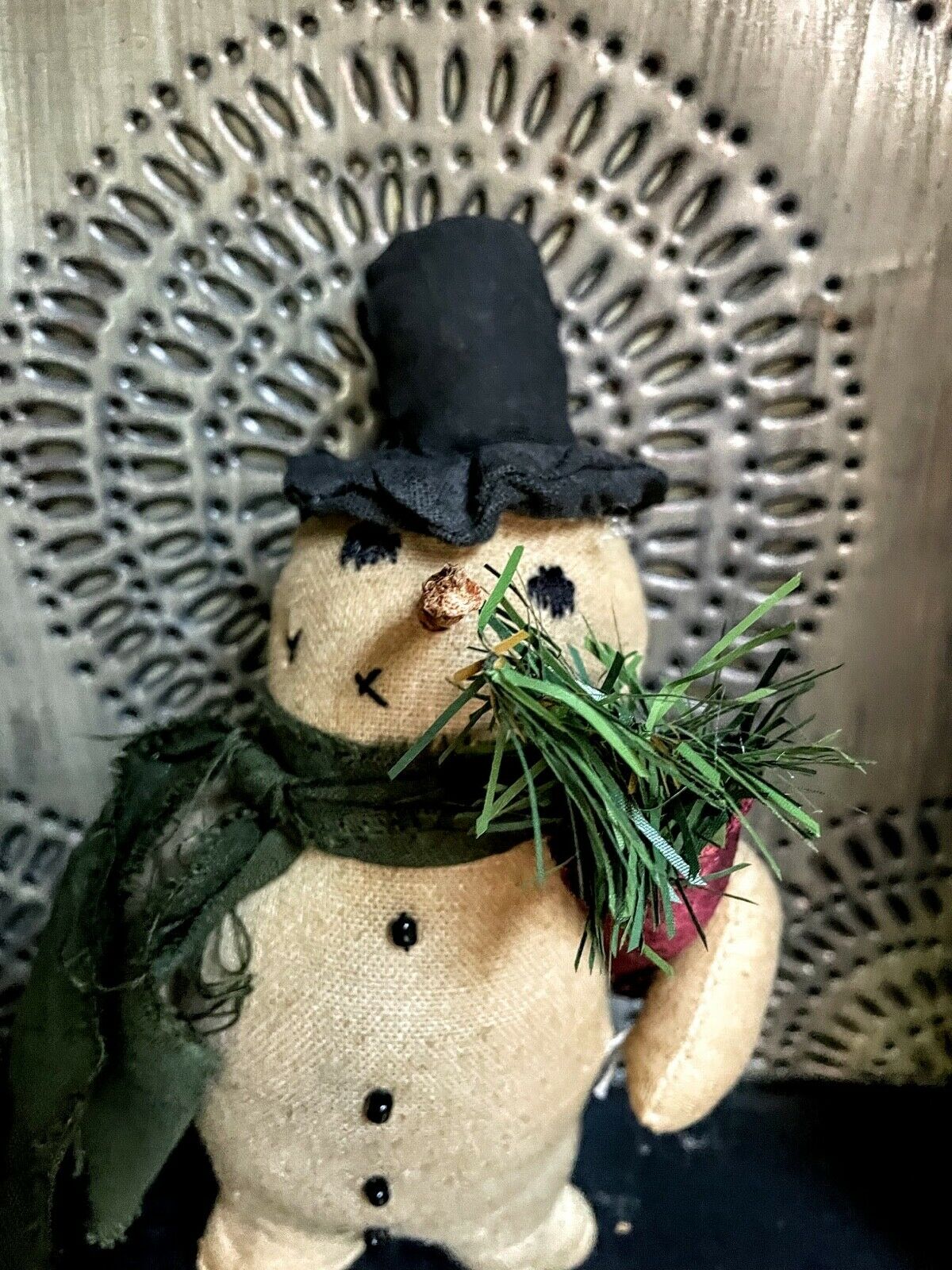 Primitive Handmade Christmas Snowman w/ Stocking 9&quot; - The Primitive Pineapple Collection