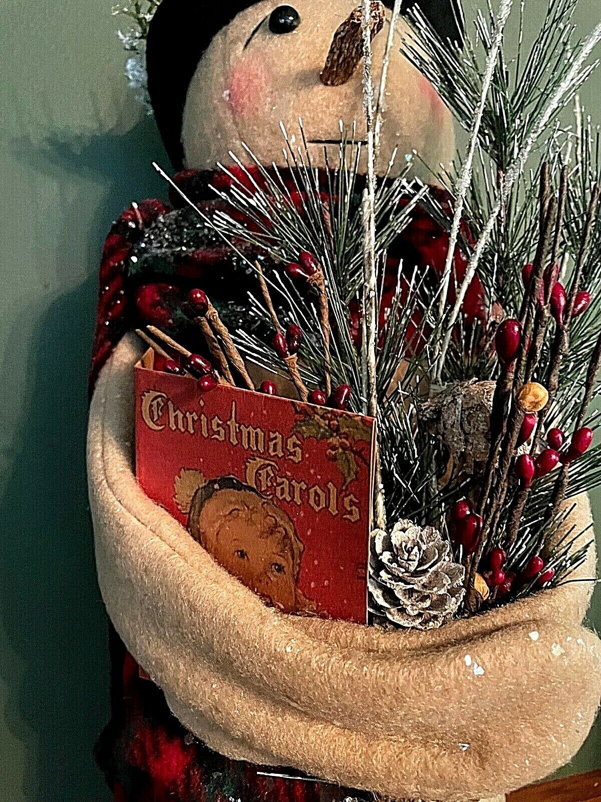 Primitive Handmade 15” Snowman Caroler w/ songbook Hat scarf Christmas 17" - The Primitive Pineapple Collection