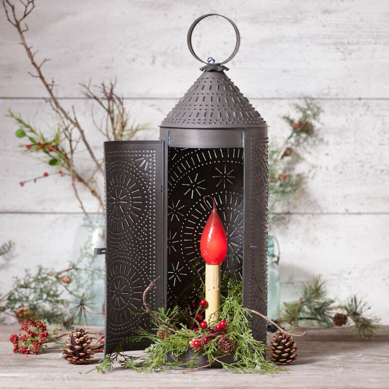 Primitive/Country 22-Inch Chimney Lantern Rustic Punched Tin Black - The Primitive Pineapple Collection