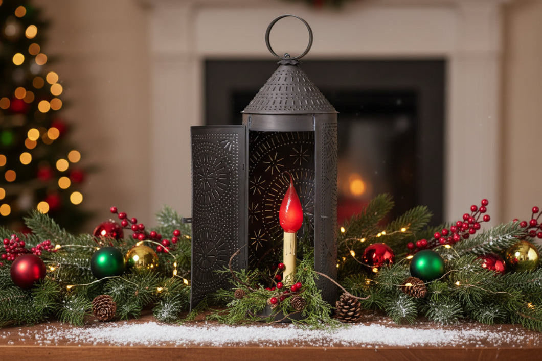 Primitive/Country 22-Inch Chimney Lantern Rustic Punched Tin Black - The Primitive Pineapple Collection