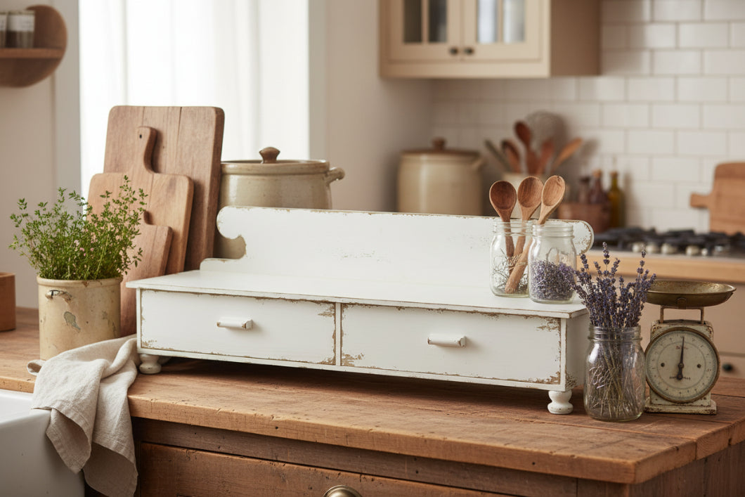 Primitive Aged White Counter Shelf Vintage Look Farmhouse Rustic Drawers Footed - The Primitive Pineapple Collection