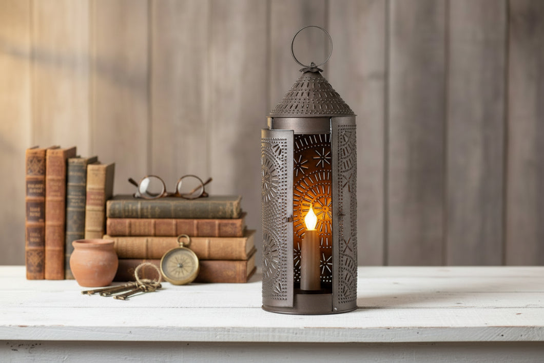 Primitive/Country 22-Inch Chimney Lantern Rustic Punched Tin Black - The Primitive Pineapple Collection
