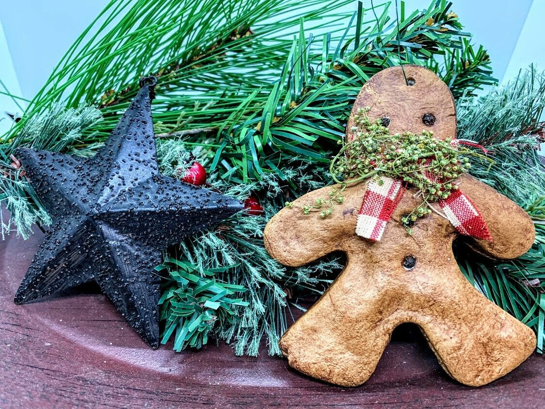 Primitive Handmade 5” Gingerbread Boy Sweet Annie Christmas Rusty Bells Hanging - The Primitive Pineapple Collection