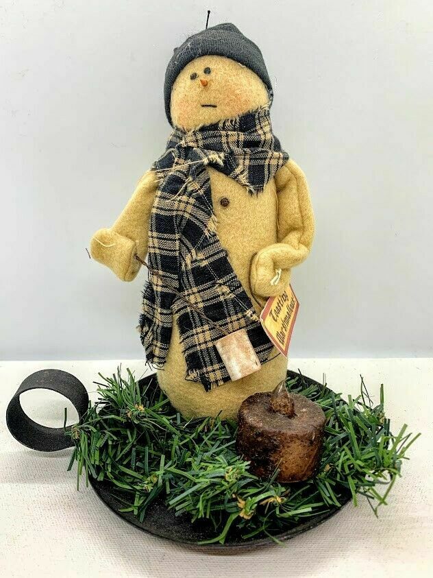Primitive Grungy Handmade SNOWMAN Roasting Marshmallows w/Tea Light Christmas - The Primitive Pineapple Collection