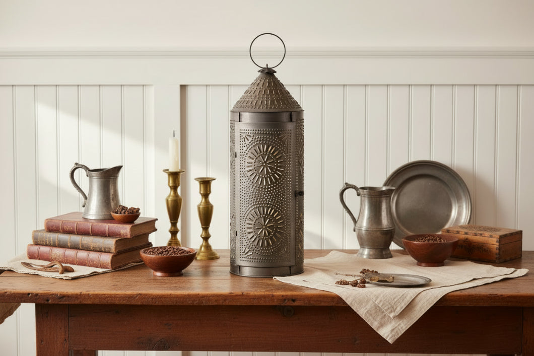 Primitive/Country 22-Inch Chimney Lantern Rustic Punched Tin Black - The Primitive Pineapple Collection