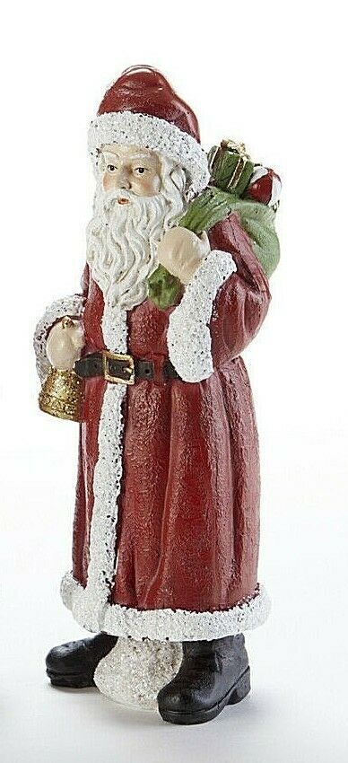 Christmas 7&quot; Resin Red Coat Santa w/Green Gift Sack and Bell - The Primitive Pineapple Collection