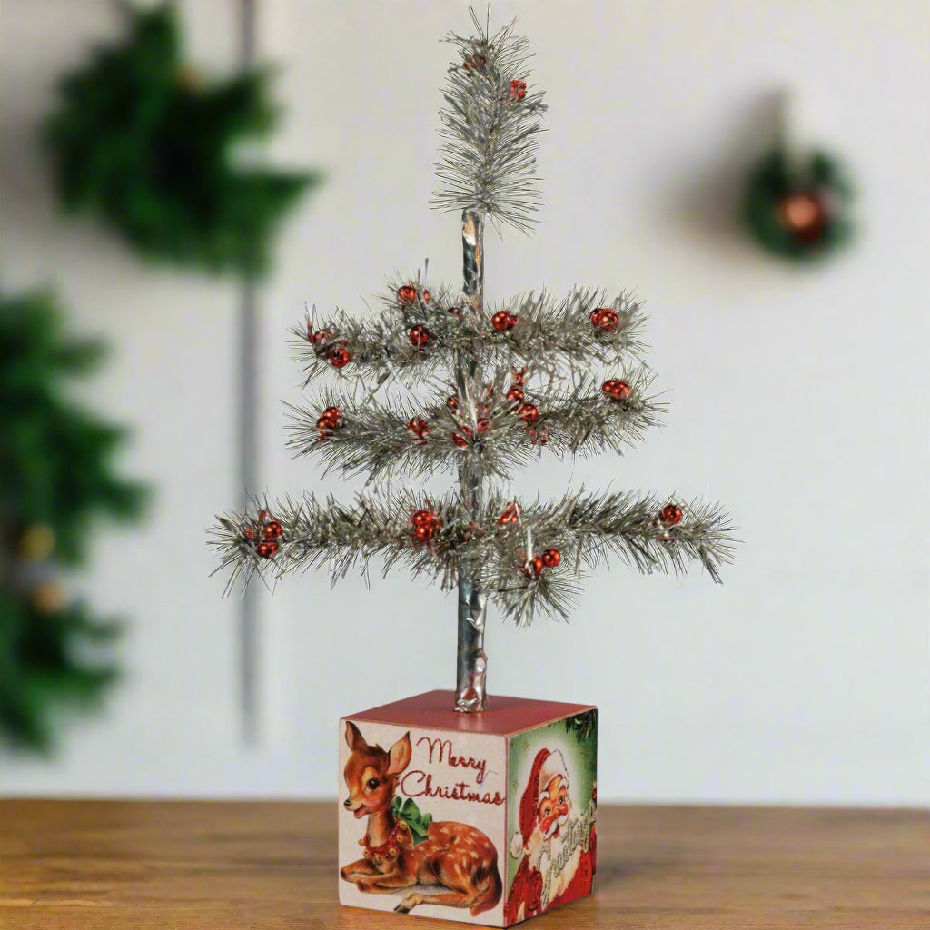 Primitive/ Retro 13" Vintage Silver Tinsel Christmas Tree on Box - The Primitive Pineapple Collection