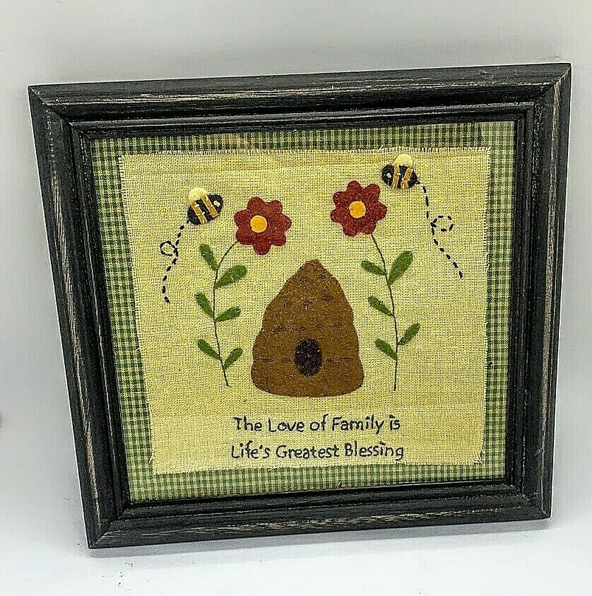 Primitive/Country Stitchery LOVE OF FAMILY Distressed black wood frame w/Glass - The Primitive Pineapple Collection