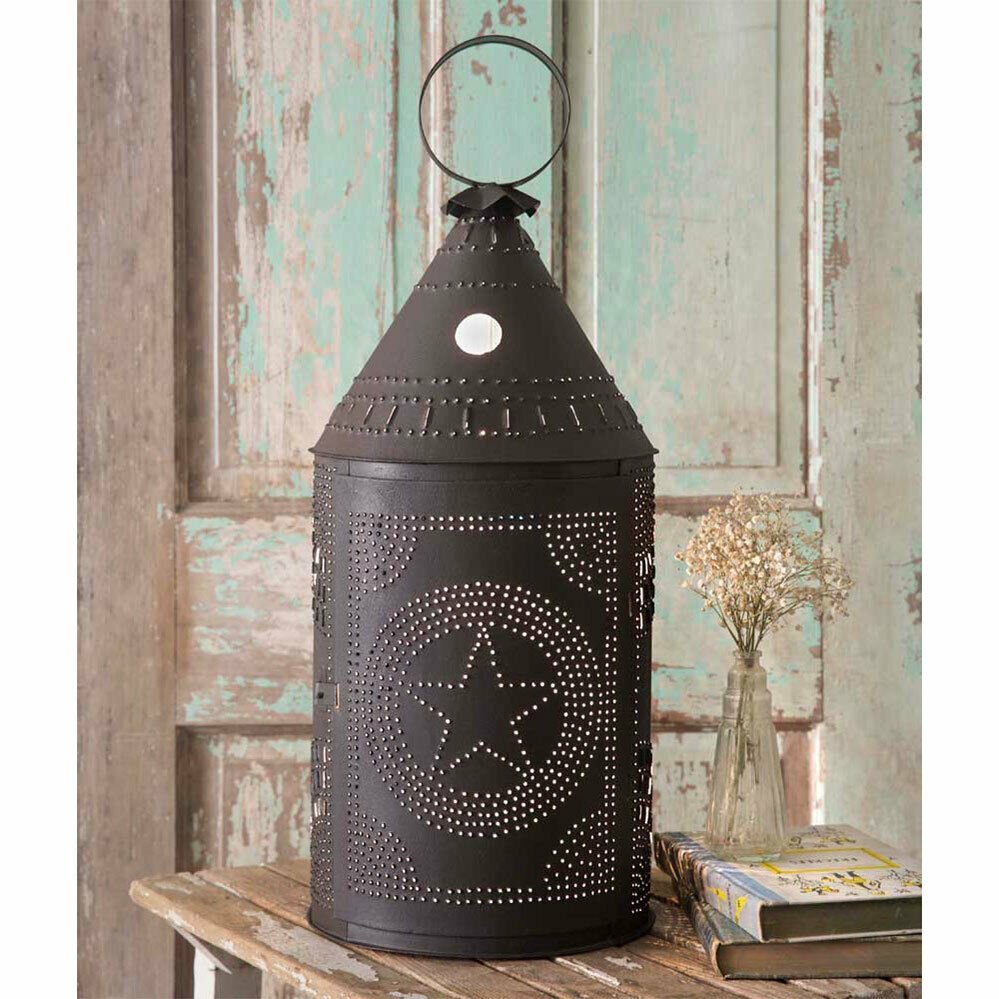 Primitive/Colonial Rustic Two Foot Punched Tin Star Paul Revere Lamp - The Primitive Pineapple Collection