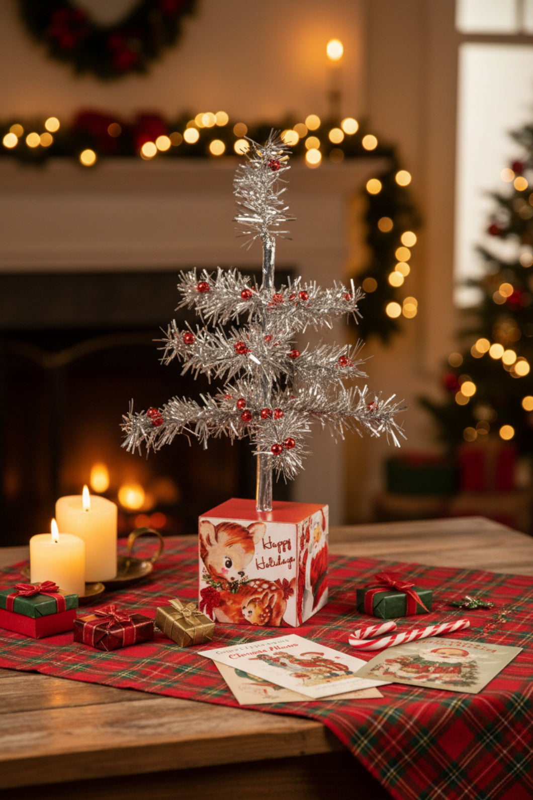 Primitive/ Retro 13" Vintage Silver Tinsel Christmas Tree on Box - The Primitive Pineapple Collection