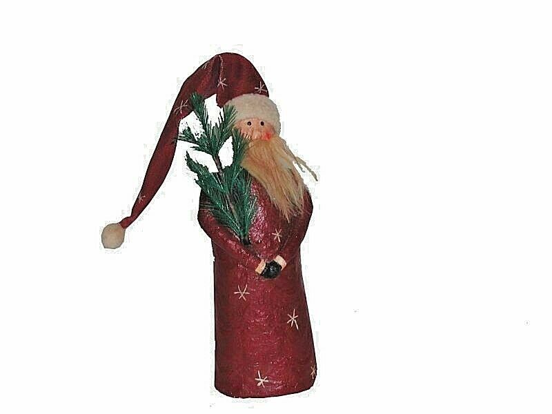 Primitive Folk Art Santa Christmas Figurine with Feather Tree 8" Inch - The Primitive Pineapple Collection