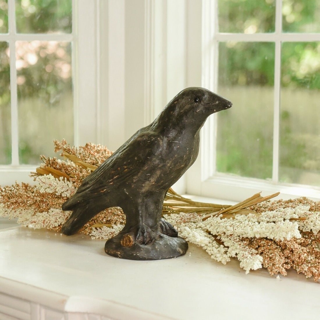 Ragon Halloween Fall 6.5&quot; Black Crow Paper Mache Figurine - The Primitive Pineapple Collection