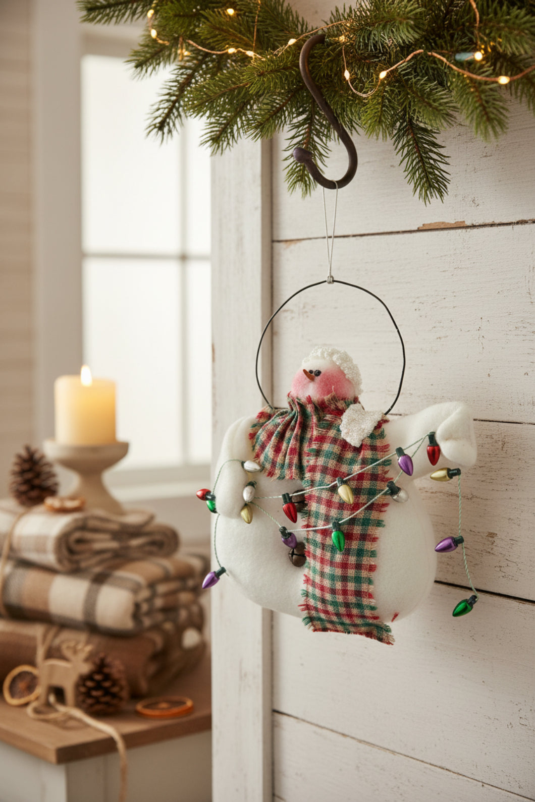 Primitive Handmade Christmas Snowman Hanging w/Greens /Lights ornie - The Primitive Pineapple Collection
