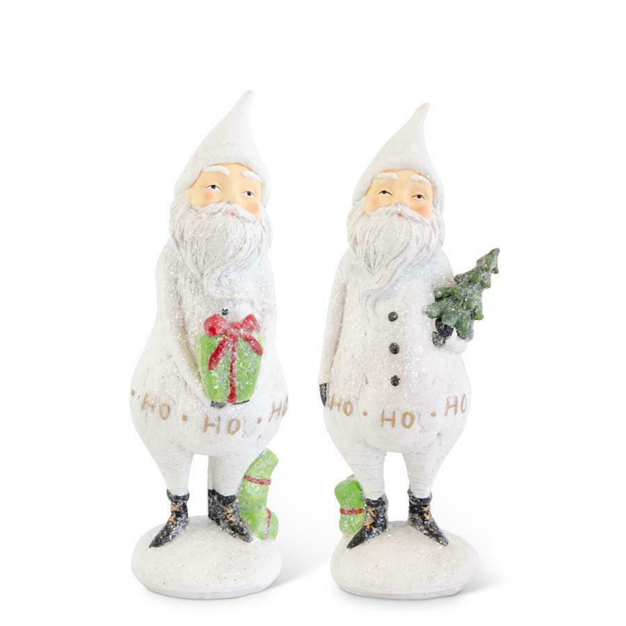 Christmas Vintage Look Resin 7.5&quot; White Santa 2 styles Figurine Present/ Tree - The Primitive Pineapple Collection