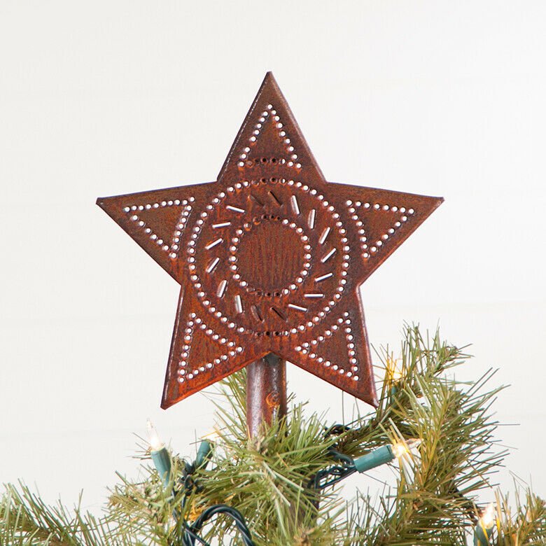 Primitive Country Punched Rusty Tin Star Tree Topper 8” - The Primitive Pineapple Collection