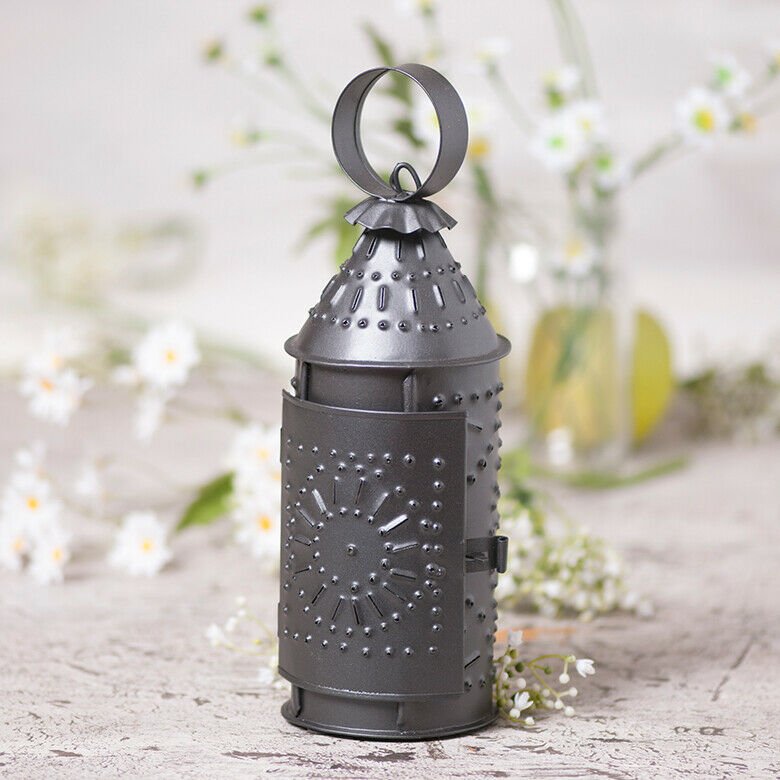 Primitive /Colonial 9" Punched Tin Revere Candle Lantern Black - The Primitive Pineapple Collection