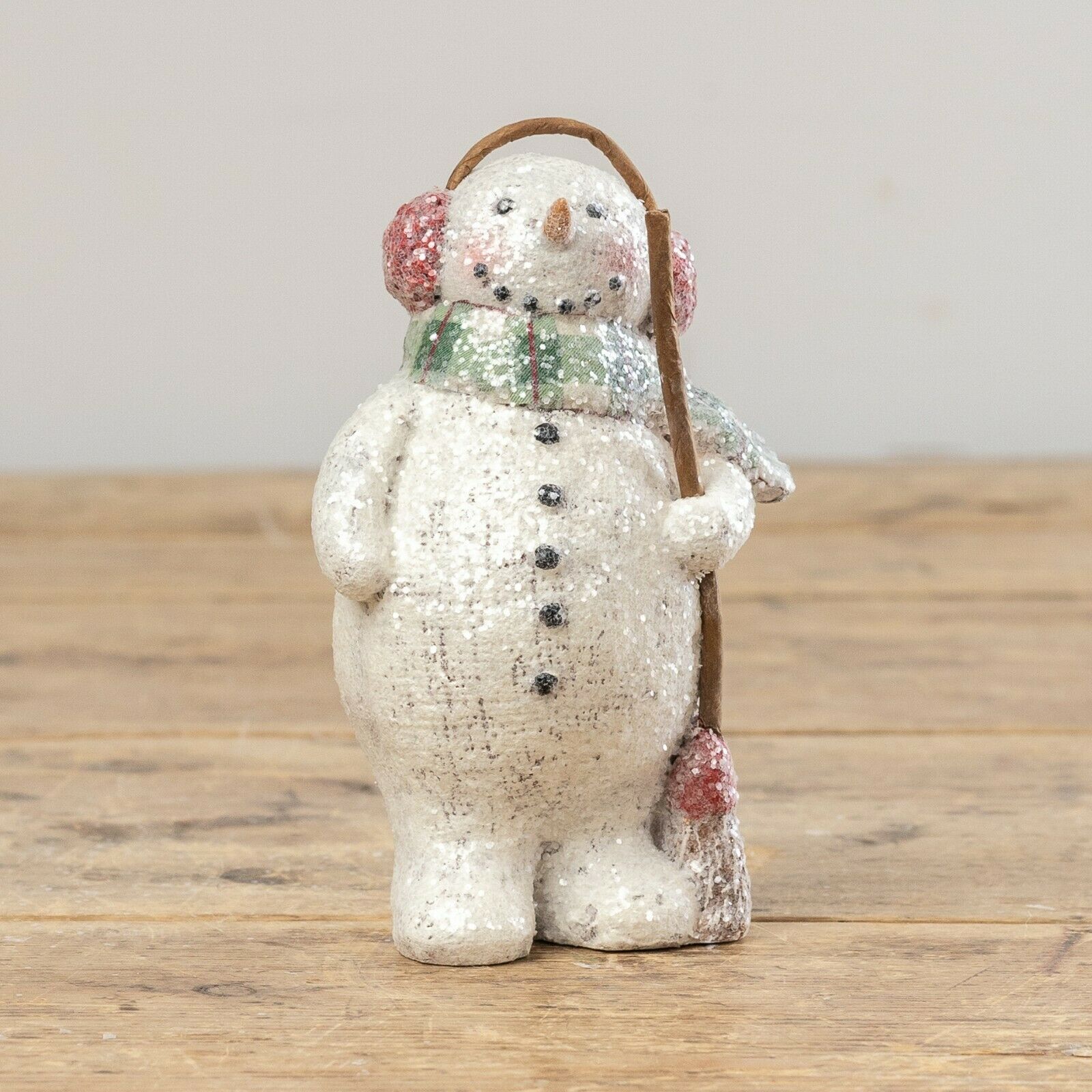 Christmas Ragon House 6" Red Broom Snowman w Holiday Earmuffs - The Primitive Pineapple Collection