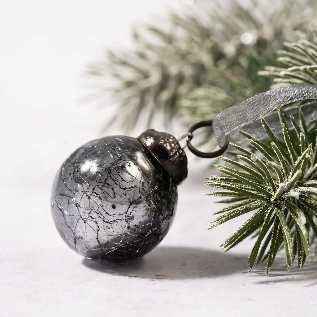 Christmas Handmade 6 pc Small 1&quot; Crackle Glass Ball Ornaments Vintage Look - The Primitive Pineapple Collection