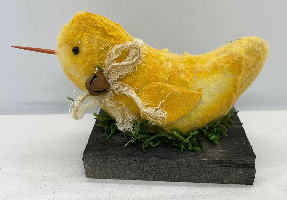 Primitive Handcrafted Spring Easter Chick on Wood Base 5” Farmhouse - The Primitive Pineapple Collection
