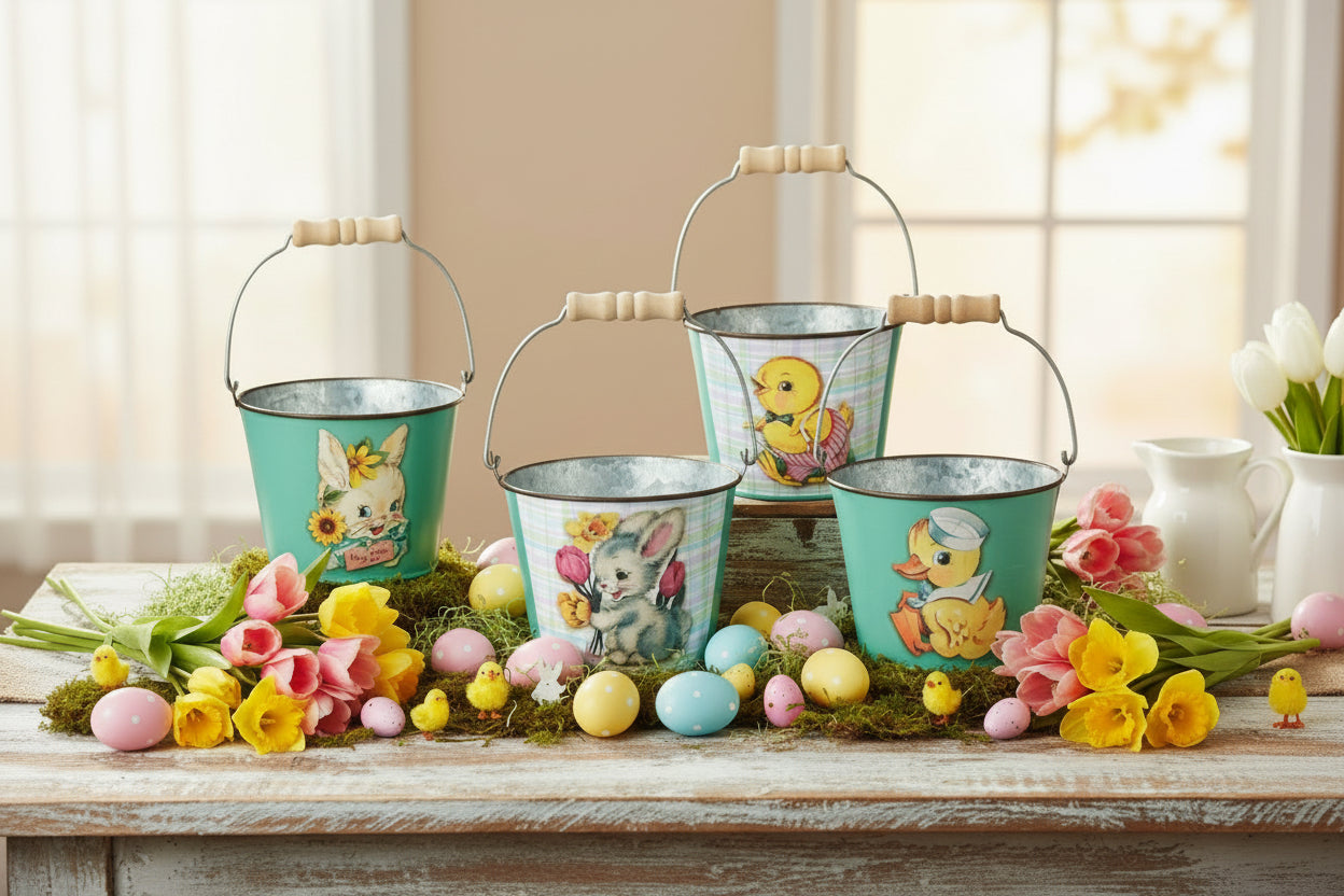 Primitive Retro Vintage Look Easter Metal Bucket 3 Styles Bunny Chick Lamb - The Primitive Pineapple Collection