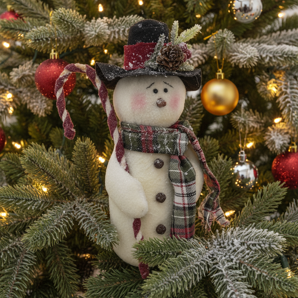 Primitive Farmhouse Plaid Scarf & Top Hat Candy Cane Snowman - The Primitive Pineapple Collection