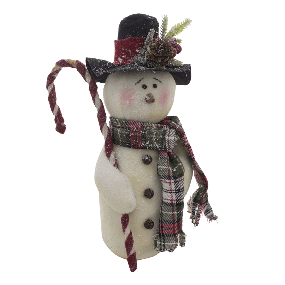 Primitive Farmhouse Plaid Scarf &amp; Top Hat Candy Cane Snowman - The Primitive Pineapple Collection