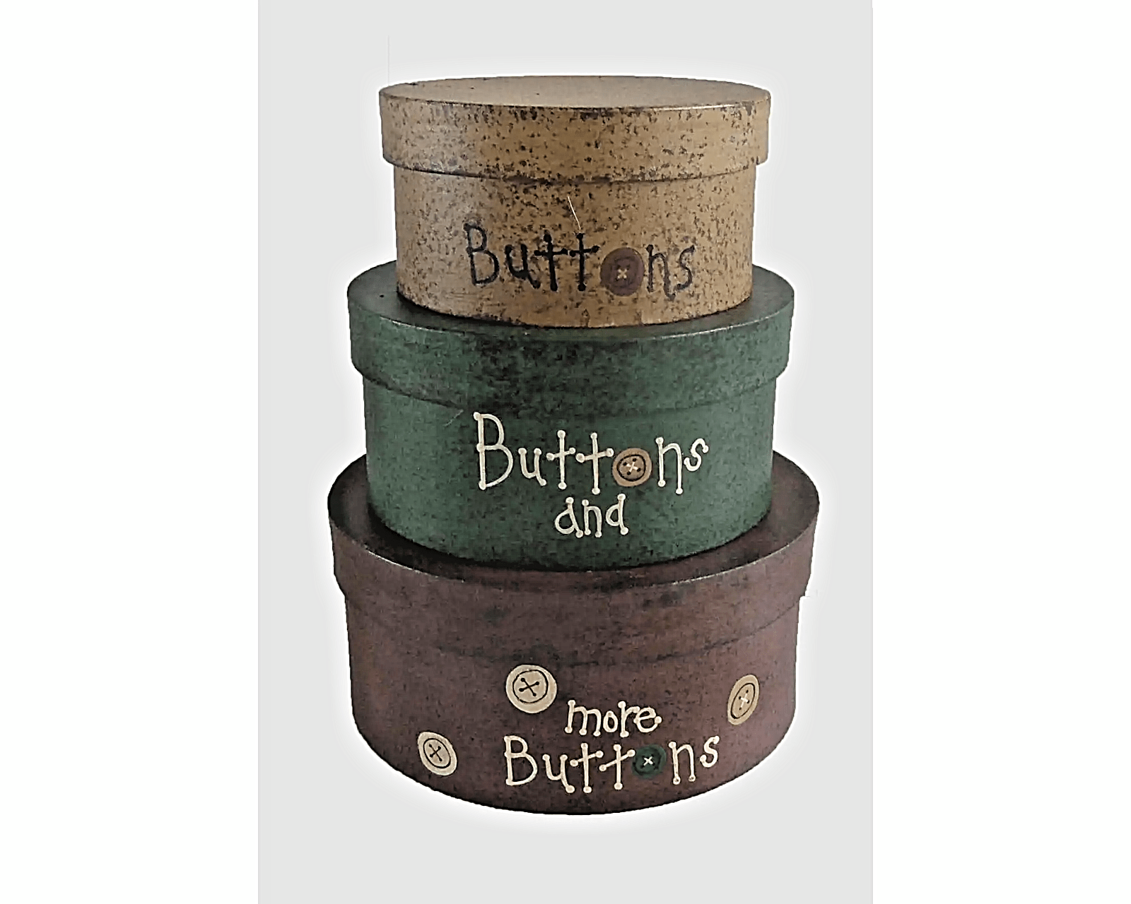 Primitive Farmhouse 3 pc Rustic “Buttons" Stacking Boxes Sewing room Decor - The Primitive Pineapple Collection